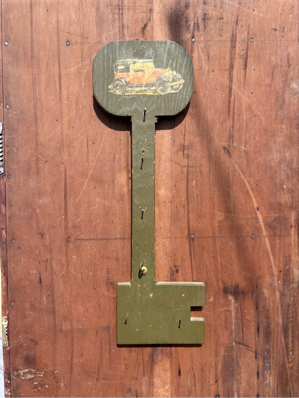 Vintage Handmade Wooden Key Holder with Vintage Car